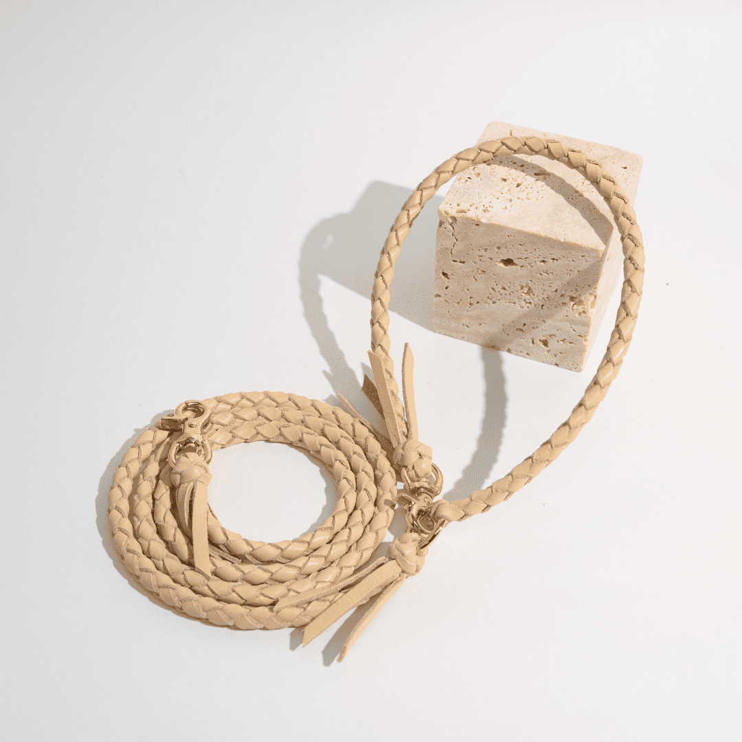 編み込みレザーリード ベージュ　Woodfield Leather Studio 本革の犬用リード おしゃれで人気 可愛いおすすめレザー(ベージュ色/全